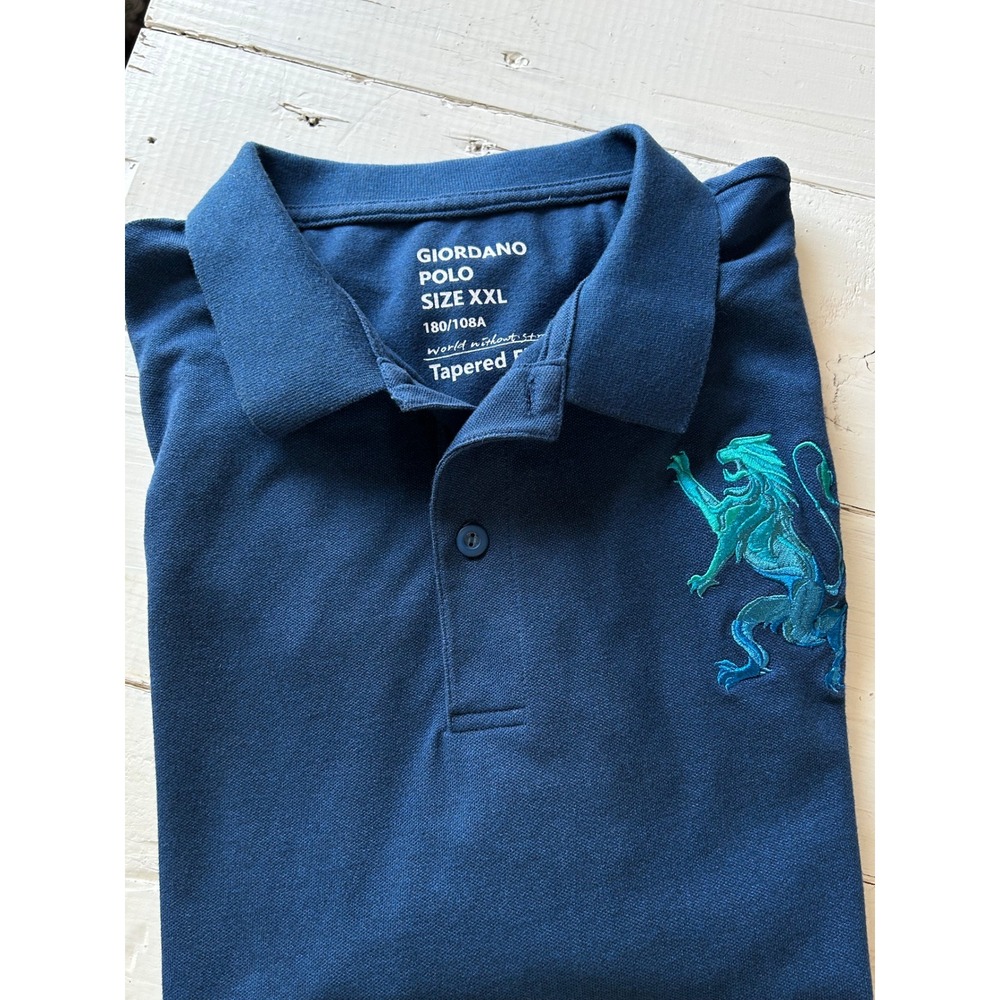 Giordano Mens XXL Navy Blue Tapered Fit Polo Shirt Lion Crest Teal Embroidered
